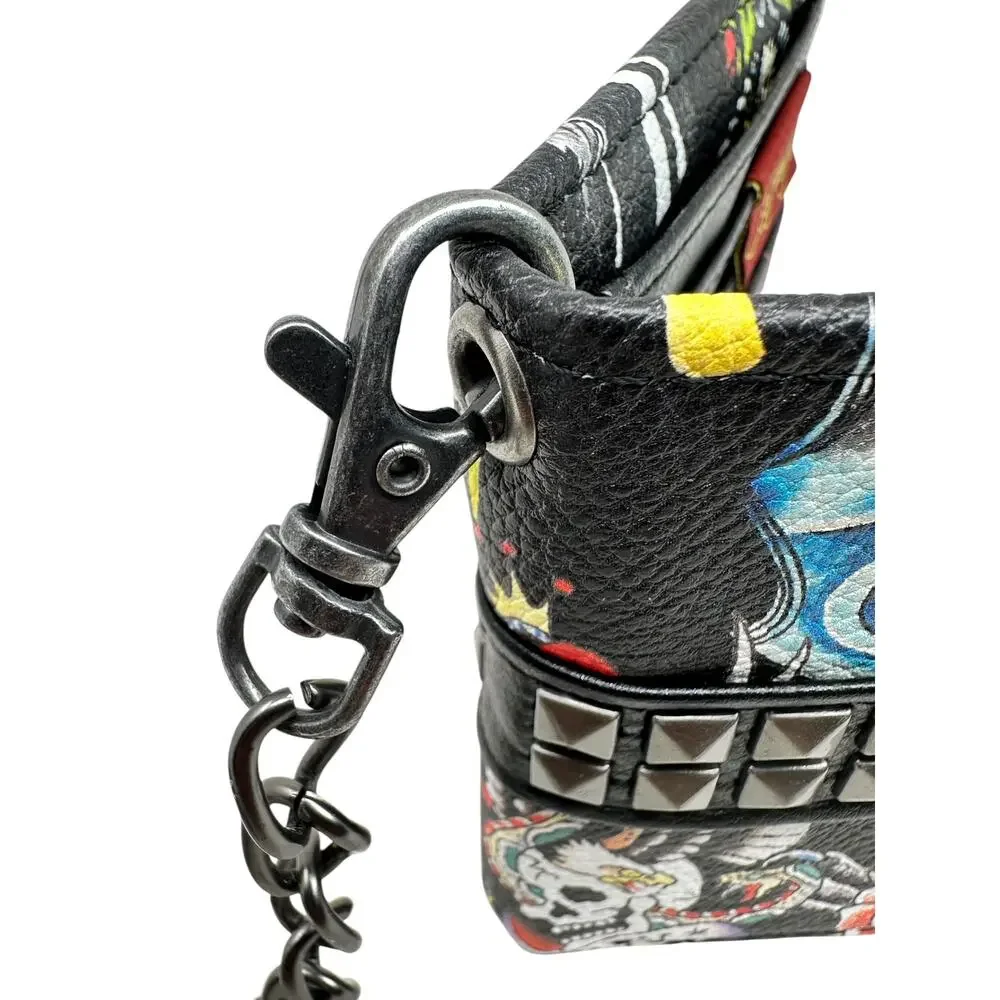 Ed Hardy Men's Pyramid Stud Biker Bifold Black Wallet With Removable Chain